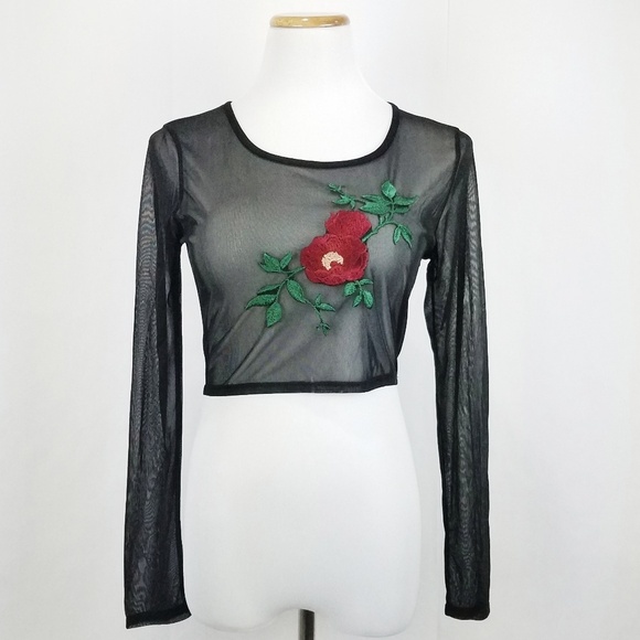 Glam Floral Embroidered Sheer Long Sleeve Crop Top - Picture 1 of 6